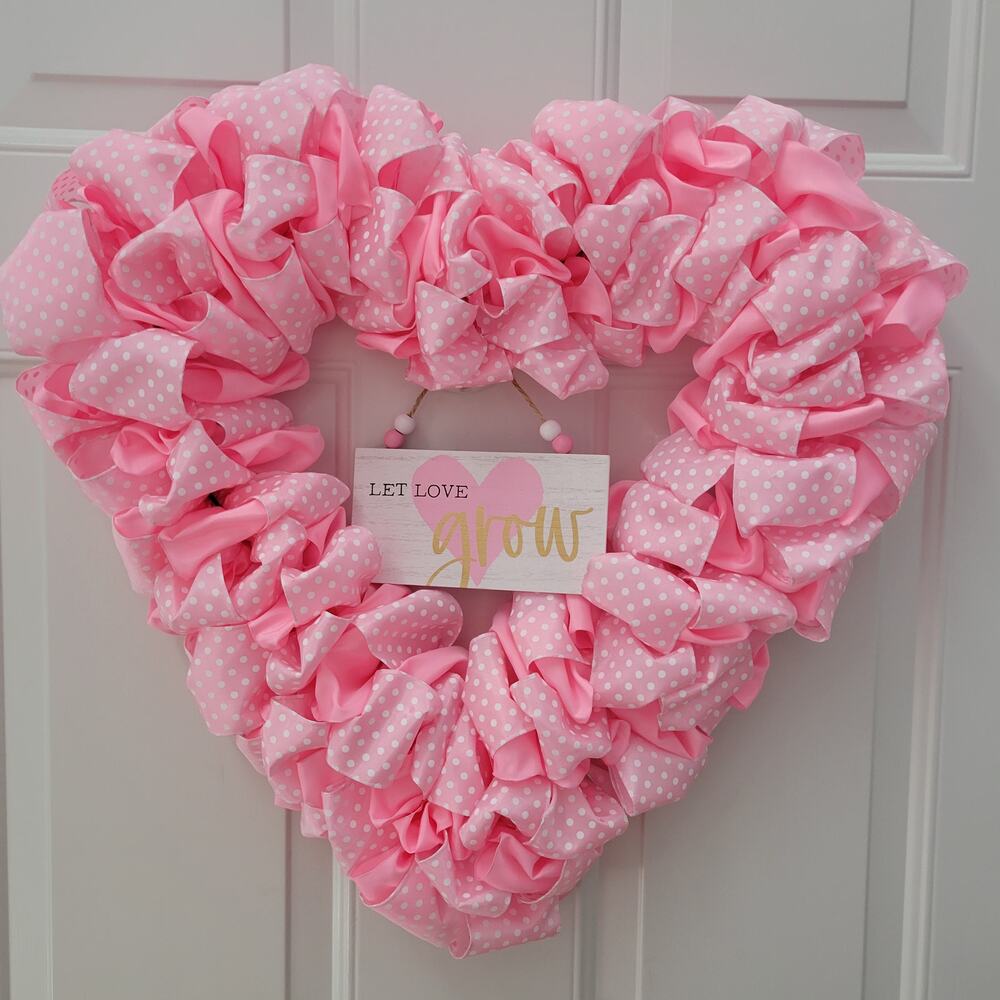 Handcrafted Pink Polka Dot Ribbon Heart Wreath "Let Love Grow"